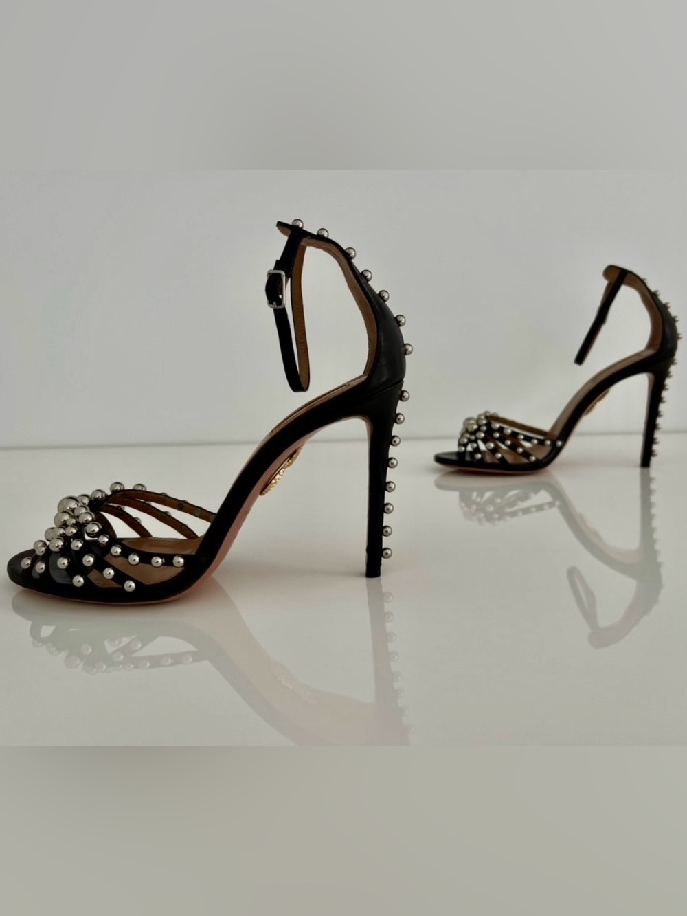 AQUAZZURA BLACK LEATHER SILVER STUDDED SANDALS SIZE IT 38 / US 8 - Picture 10 of 17